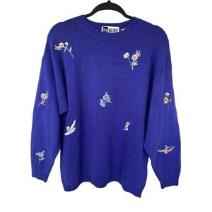 Together! Vintage Purple Lambswool Angora Embroidered Floral Bird Sweater M